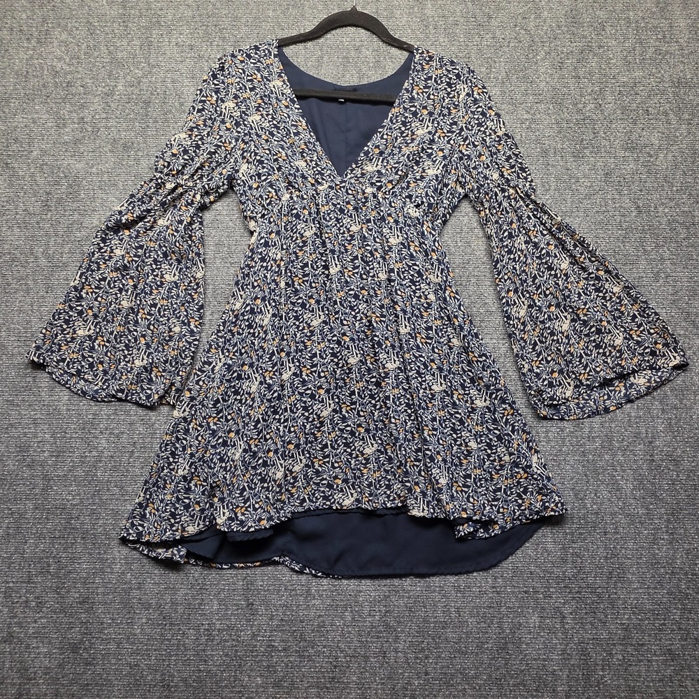 LUCCA Floral Bell Sleeve Mini Dress XS Navy Blue Mustard Yellow V-Neck Boho